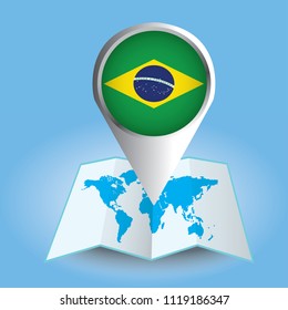 World map centered on South America with magnified Brazil. Blue flag and map of Brazil. Abstract vector illustration.