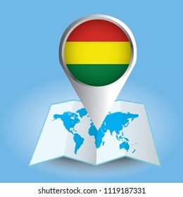 World map centered on South America with magnified Bolivia. Blue flag and map of Bolivia. Abstract vector illustration.