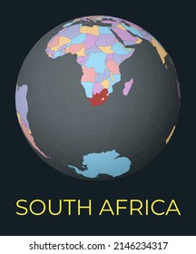 World map centered on South Africa. Red country highlighted. Satellite world view centered on the country with name. Vector Illustration.
