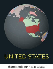 World map centered on the USA. Red country highlighted. Satellite world view centered on the country with name. Vector Illustration.