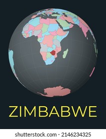 World map centered on Zimbabwe. The country is highlighted in red. Satellite world view with the country name displayed. Vector illustration.