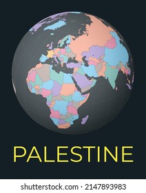 World map centered to Palestine. Red country highlighted. Satellite world view centered to country with name. Vector Illustration.