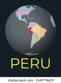 World map centered to Peru. Red country highlighted. Satellite world view centered to country with name. Vector Illustration.