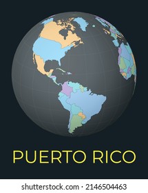 World Map Centered To Puerto Rico. Red Country Highlighted. Satellite World View Centered To Country With Name. Vector Illustration.