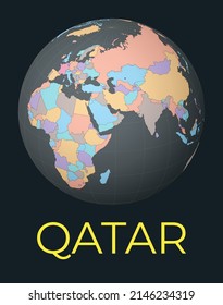 World map centered to Qatar. Red country highlighted. Satellite world view centered to country with name. Vector Illustration.