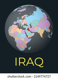 Mapa mundial centrado en la República del Iraq. El país rojo resaltó. La visión satelital del mundo se centró en un país con nombre. Ilustración vectorial.