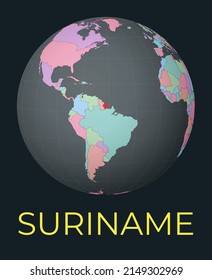 World map centered to Suriname. Red country highlighted. Satellite world view centered to country with name. Vector Illustration.