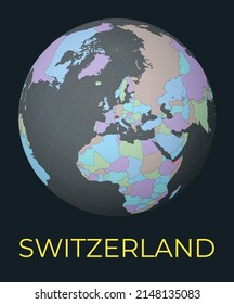 World map centered to Switzerland. Red country highlighted. Satellite world view centered to country with name. Vector Illustration.