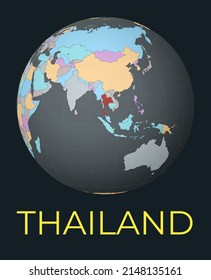 Mapa mundial centrado en Tailandia. El país rojo resaltó. La visión satelital del mundo se centró en un país con nombre. Ilustración vectorial.