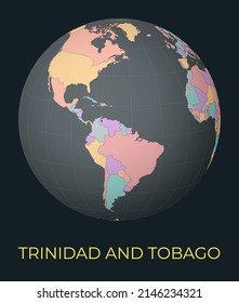 World map centered to Trinidad and Tobago. Red country highlighted. Satellite world view centered to country with name. Vector Illustration.