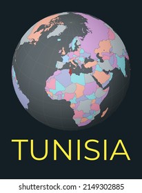 World map centered to Tunisia. Red country highlighted. Satellite world view centered to country with name. Vector Illustration.