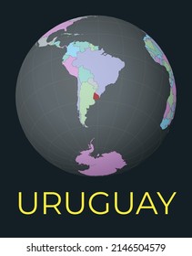 World map centered to Uruguay. Red country highlighted. Satellite world view centered to country with name. Vector Illustration.