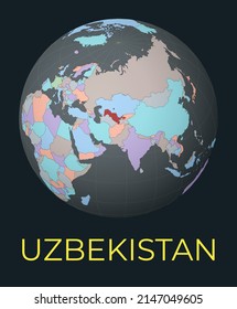 Weltkarte im Zentrum Usbekistans. Rotes Land hervorgehoben. Satellite-Weltsicht zentriert auf das Land mit Namen. Vektorgrafik.
