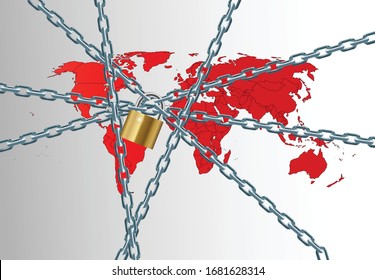 Weltkarte verkettet und verschlossen mit Vorhängeschloss, Vektorillustration zur Darstellung eines globalen Blockadekonzepts
