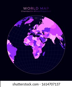 World Map. Chamberlin projection focused on Africa. Digital world illustration. Bright pink neon colors on dark background. Modern vector illustration.