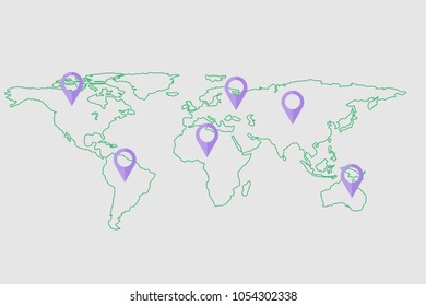 World map check in and pin checking mark., Vector, Illustration