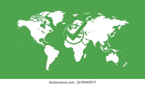 Mapa mundial con una marca de verificación sobre África, que simboliza la Aprobación o verificación global, con un fondo verde.