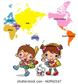 world map and children, let's travel the world