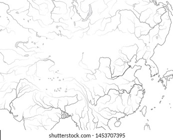 World Map of CHINA: The Far East, The Celestial Empire, China, Tibet, Dzungaria, Mongolia, Korea, Manchuria, Siberia, Yakutia, Buryatia, Taiwan, South seas. Geographic chart with coastline and rivers.