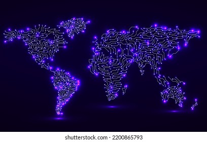 World Map. Circuit board. Technology background. Vector illustration