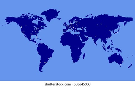 World map with city lights. Blue Earth map with glowing dots. Vector illustration.