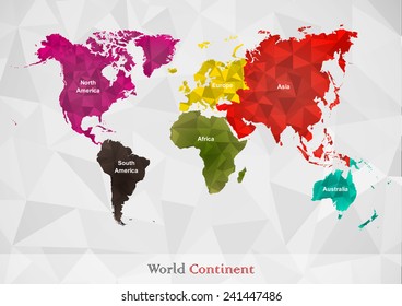 World map is classified by continent in different color and lay over with polygonal pattern. (EPS10 art vector separate part by part)