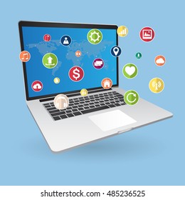 World Map cloud computing concept with Web icons, Business icons and Technology icons for technology and business concept on tablet computer, Vector Illustration EPS 10.