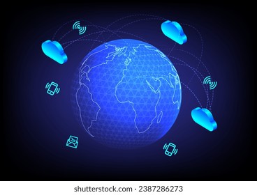 World map with Cloud computing system and telecomunication elements. Vector Illustration.