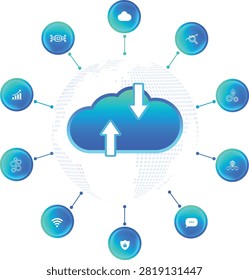 World map and cloud data transmission with upload and download arrows, surrounded by 10 futuristic technology icons. Business concept. Glowing, neon. Transfer information. Isolated, transparent Background