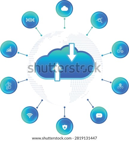 World map and cloud data transmission with upload and download arrows, surrounded by 10 futuristic technology icons. Business concept. Glowing, neon. Transfer information. Isolated, transparent Background