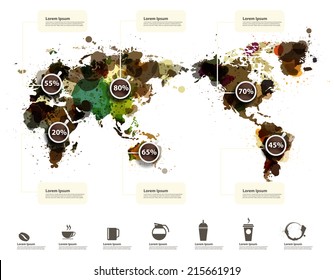 World Map Of Coffee Ink Splatter, With Coffee Icons Abstract Infographic Workflow Layout, Diagram, Step Up Options, Vector Illustration Template Design