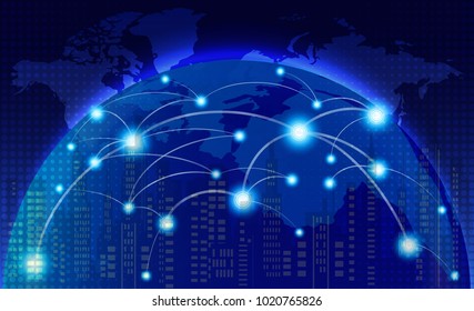 World map with coherent nodes along the lines. Communications. social network. information technology