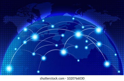 World map with coherent nodes along the lines. Communications. social network. information technology