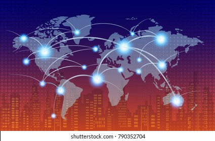 World map with coherent nodes along the lines. Communications. social network. information technology
