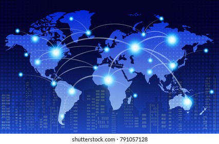 World map with coherent nodes along the lines. Communications. social network. information technology