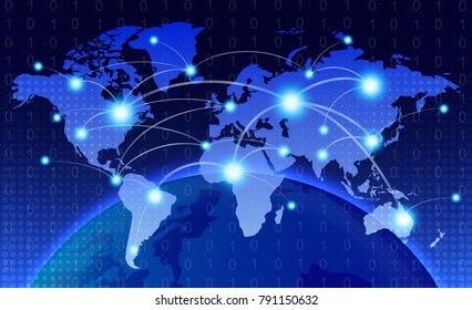 World map with coherent nodes along the lines. Communications. social network. information technology