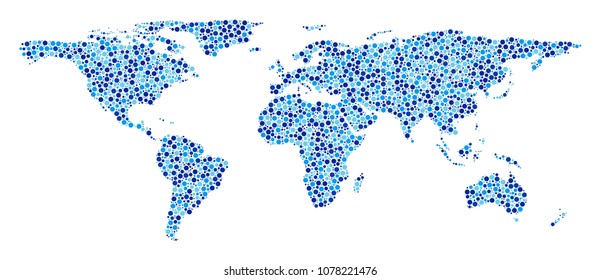 World Map collage of circle elements in various sizes and blue shades. Randomized small spheres are grouped into World Map collage. Vector geographic blue map vector illustration.