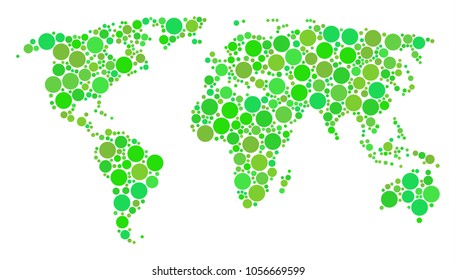 World Map collage of filled circles in different sizes and eco green color tints. Vector round dots are organized into world map mosaic. Eco design concept.