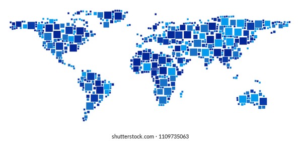 World map collage of random dots in variable sizes and blue color tints. Vector square dots are combined into world map composition. Abstract geographic plan design concept.