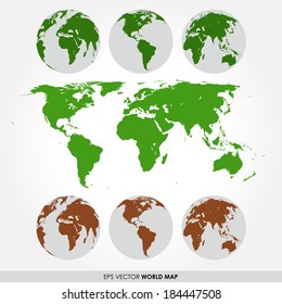 World map collection with flat detailed world map and world maps on the globes