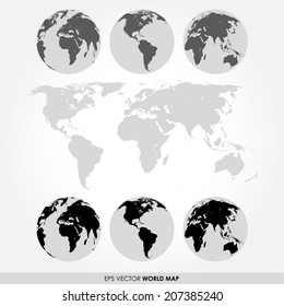 World map collection with flat world map and different continent maps on the globes