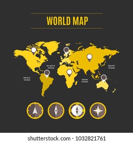 World Map - Collection of map pointers on the map and compass in yellow collection design for web, application interface, or markers on maps. Vector illustration. 