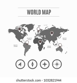 World Map - Collection of map pointers on world map background and compass modern design for web, application interface, or markers on maps. Vector illustration. 