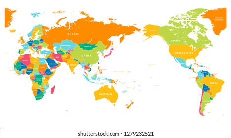 World Map Color Detailed - Asia in Center