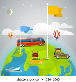 World map with color flags and transport. Design elements