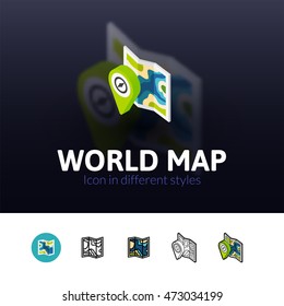 World map color icon, vector symbol in flat, outline and isometric style isolated on blur background