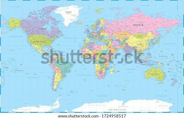 World Map Color Political Vector Detailed Stock Vector (Royalty Free ...