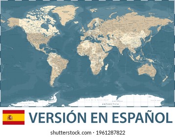 World Map Color. Spanish Language Version. Vector Detailed Illustration