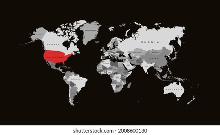 Mapa mundial. Vector de color moderno. Mapa de EEUU.