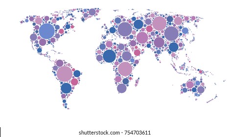 World map of colored circles, multicolor pattern, well organized layers